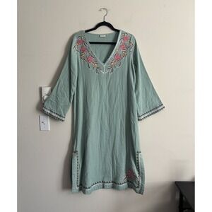 Spartina 449 Island Amira Dress Cotton Gauze Dress Floral Embroidered Green Pink